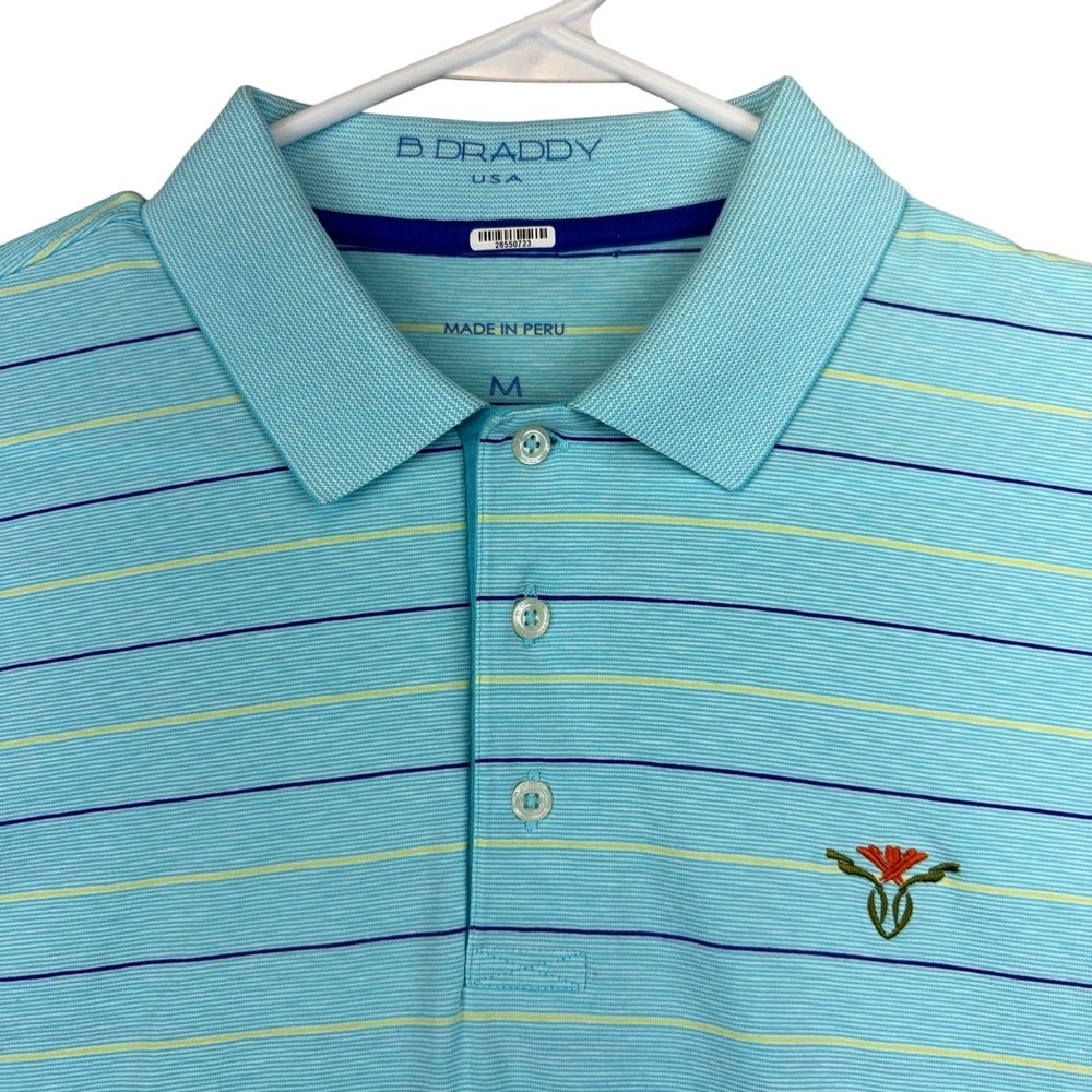 B Draddy Polo Shirt Mens Medium Blue Stripe Golf Performance Stretch Jersey